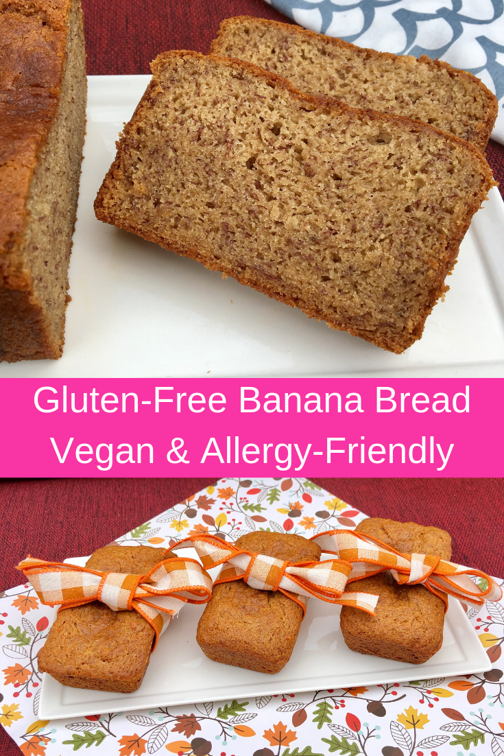 Get this delicous gluten-free banana bread recipe and bake it today! It's vegan and nut-free, so everyone can enjoy! #glutenfree #vegan #bananabread